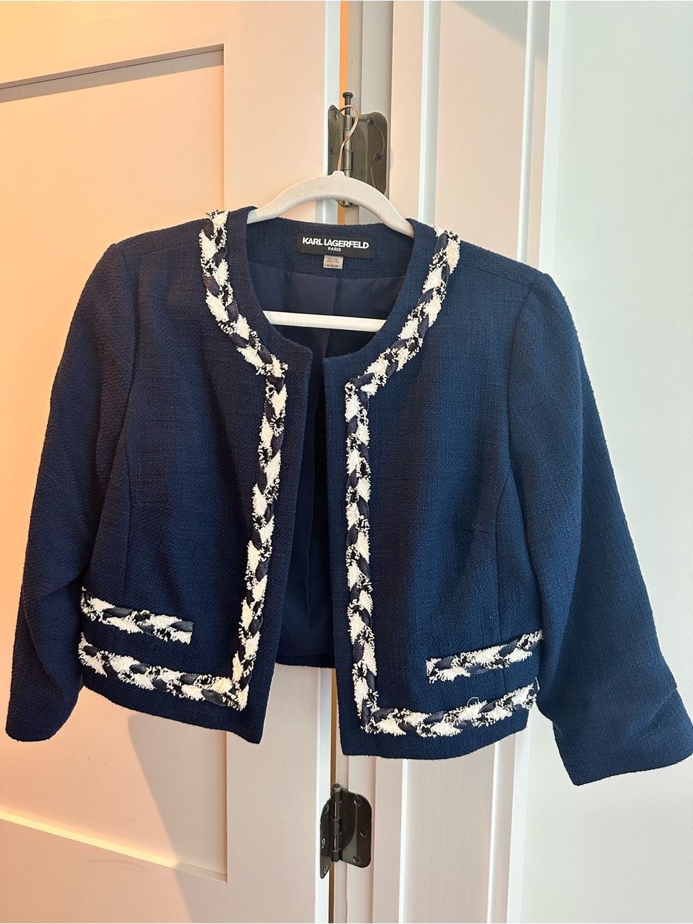 Karl Lagerfeld Navy Tweed Open-Front Cropped Blazer with White Trim